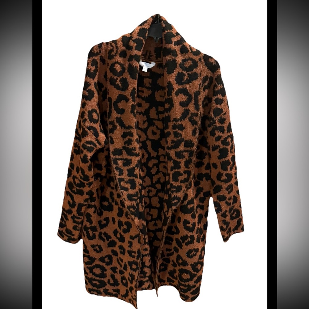Time and Tru Leopard Print Knit Open Front Long Cardigan Size Medium
